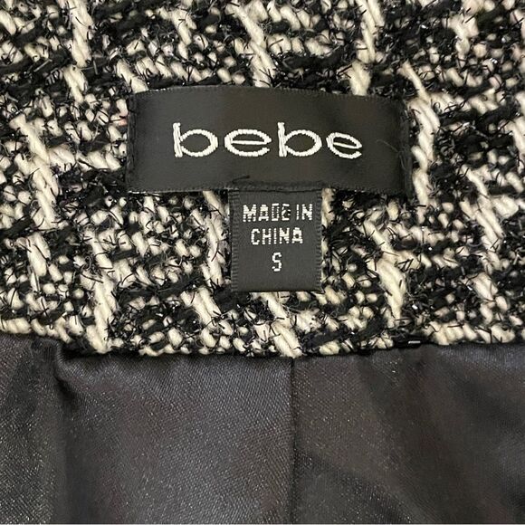 Bebe Wool Blend Belted Coat Snap Buttons Black White Metallic Silver Threads Sm - Picture 12 of 17